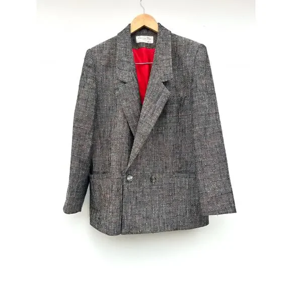 Vintage Christian Dior Tweed Oversized Double Breasted Blazer 80s Medium - Picture 2 of 8